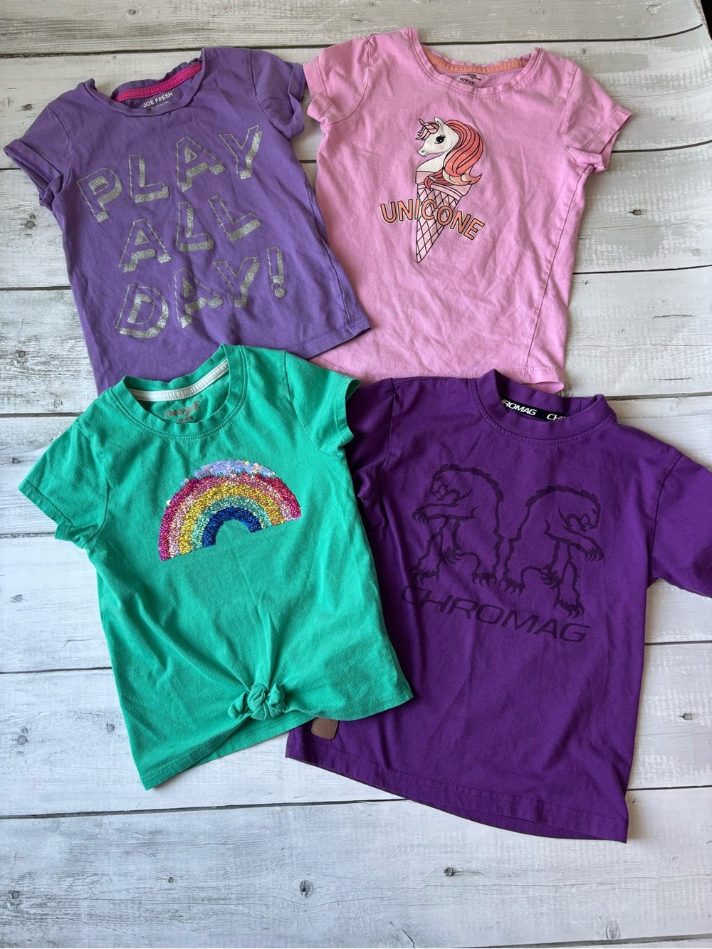 Set of 4 Colourful Short Sleeved T-Shirts - Purple, Pink, Green, Dark Purple